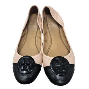 Tory Burch Minnie 8.5 Stretch Ballet Flat Cap Toe Leather Nude Black Career Prep
